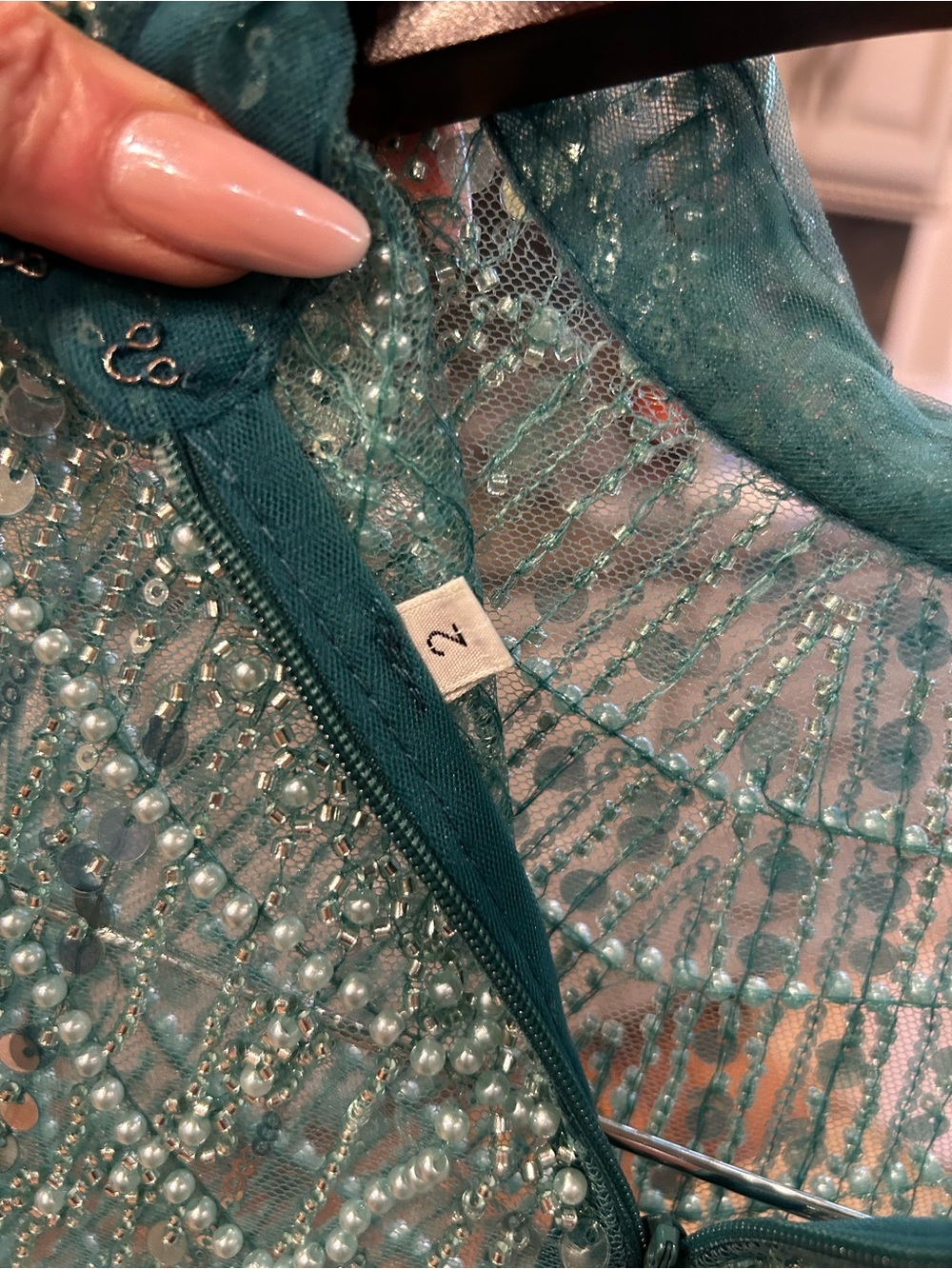 Beaded Evening Dress with Long Beaded Cape in Teal-Blue - Picture 9 of 10